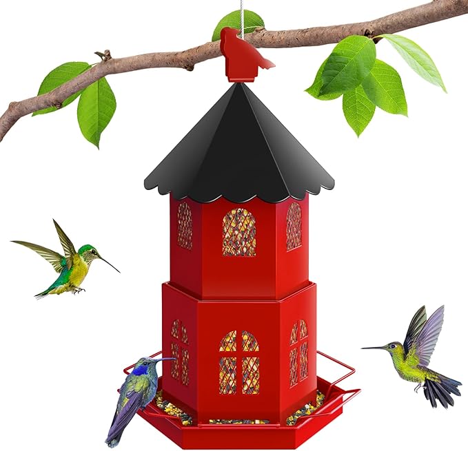 Bird Feeders for Outdoors Hanging, ULENDIS Metal Bird feeders for Outside Attracting Wild Birds, Installation-Free Large Bird Feeder for Garden Cardinal Finch Blue Jay (Red)