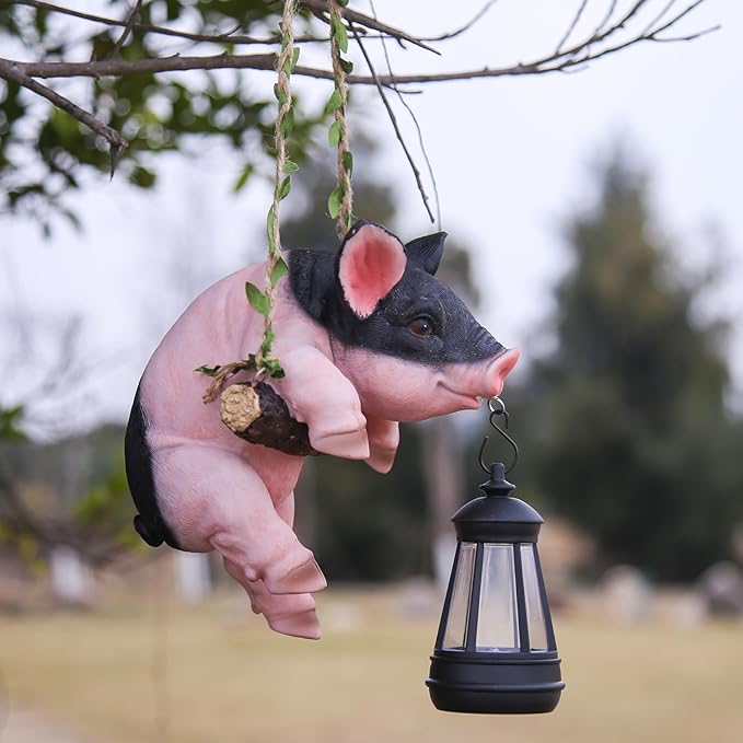 Hanging Pig Garden Lantern, Solar Light Holder, Outdoor Decorative Animal Statue with Rope