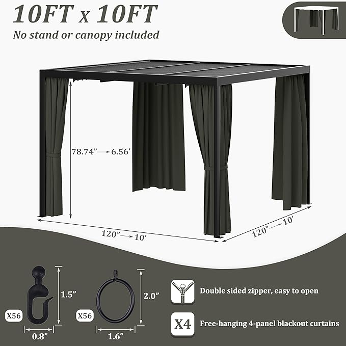 Gazebo Universal Replacement Privacy Curtain,10'×10' Gazebo Outdoor Waterproof Curtains, 4-Panels Sidewall Curtains with Double Zipper for Patio Canopy, Garden and Backyard (Curtain Only)