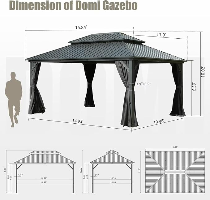 Domi 12’ X 16’ Hardtop Gazebo Canopy with Netting & Curtains, Outdoor Metal Gazebo with Galvanized Steel Double Roof for Patio Lawn and Garden, Gray