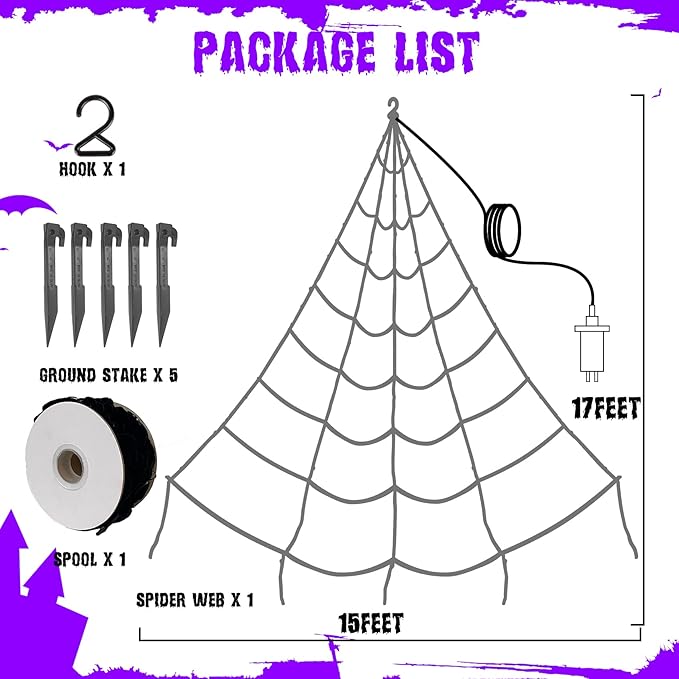 EAMBRITE Giant Spider Web Lights Halloween Decorations Outdoor with 135 LED Purple & Orange Lights, 17Ft Outside Huge Lighted Black Spider Web Halloween Light for Yard Party Haunted House Decor