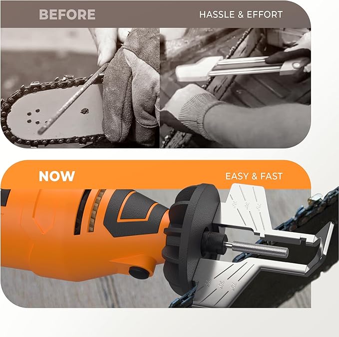 Sharp Pebble Electric Chainsaw Sharpener Kit - Comes with Chain Saw Sharpener Tool, 4 File Size Sharpening Wheel Bits, Angle Attachment, Wrench & eBook