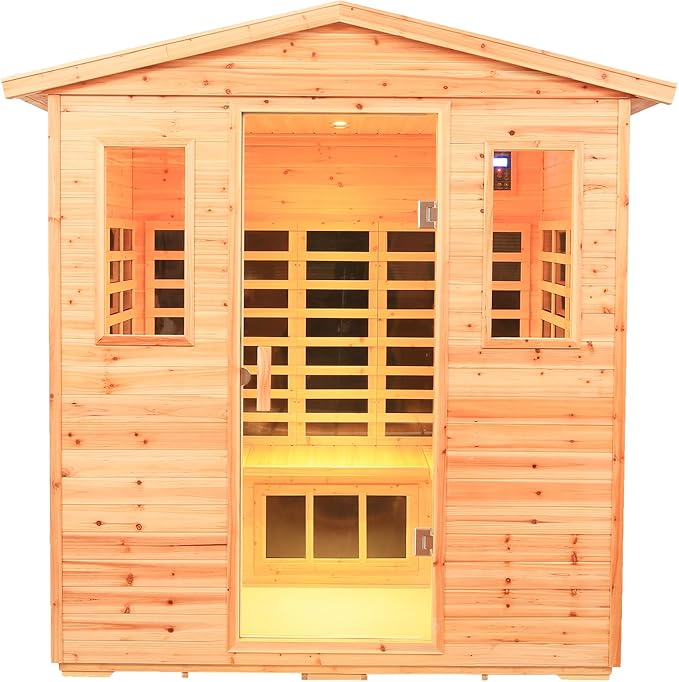 Fir Wood 5-6 Person Low emf Far Infrared Outdoor Sauna, Indoor/Outdoor Wooden Sauna, Withstand Temp -5℉-104℉ with 18 Low EMF Heating Panels & Reading Lights & Chromotherapy Lights & Bluetooth Speaker