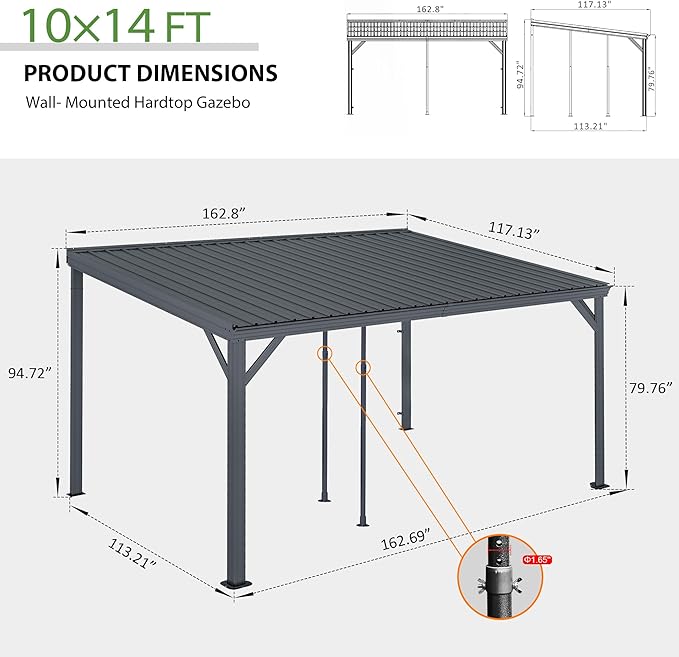 Domi 10'x14' Hardtop Wall Mounted Gazebo, Expandable Lean to Gazebo Pergola with Gutters & Galvanized Steel Roof, 60MPH Wind Resistance Outdoor Heavy Duty Canopy Sun Shade for Patio, Backyard - Grey