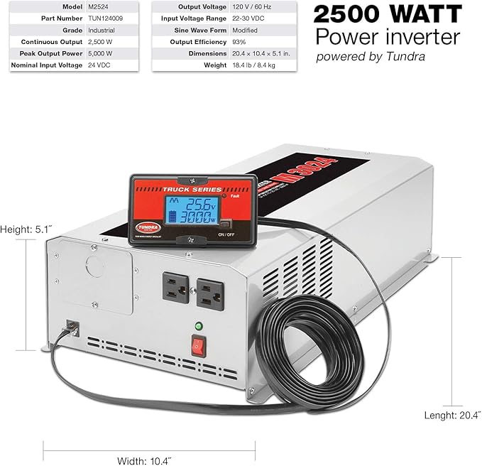 TUNDRA M Series - Power Inverter - Modified Sine Wave 2500W / 24 Volts DC to 120 Volts AC - M2524