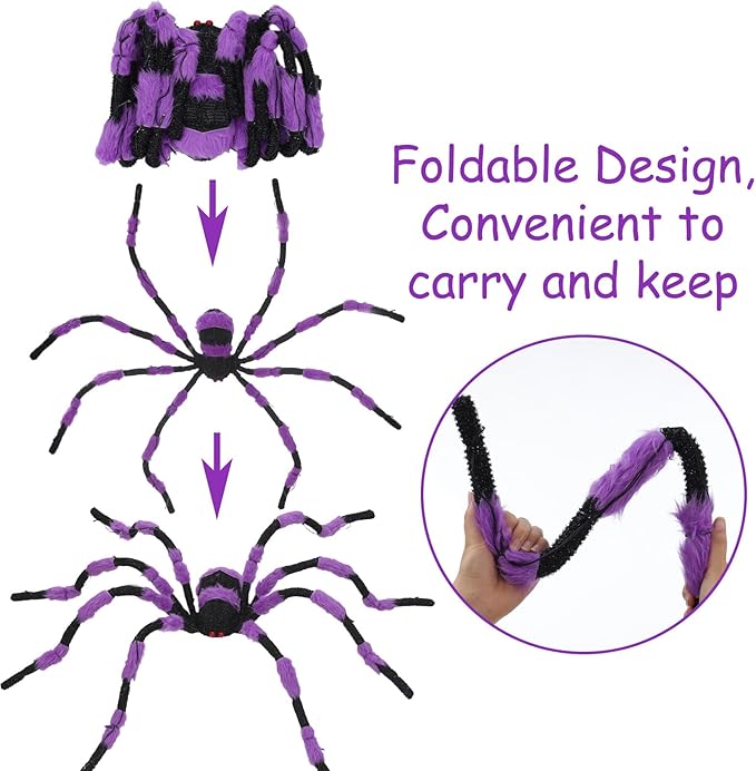 Giant Spider Halloween Decorations, 60” Large Black Hairy Scary Virtual Realistic Spider with 56 LED Purple Lights Red Eyes Timer for Spiderweb Indoor Outdoor Yard Party Halloween Decor