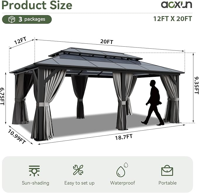 Aoxun 12'x20' Hardtop Gazebo, Aluminum Frame Permanent Pavilion with Curtains and Netting, Outdoor Polycarbonate Double Roof Canopy, Designed for Garden, Lawns, Patio, Gray