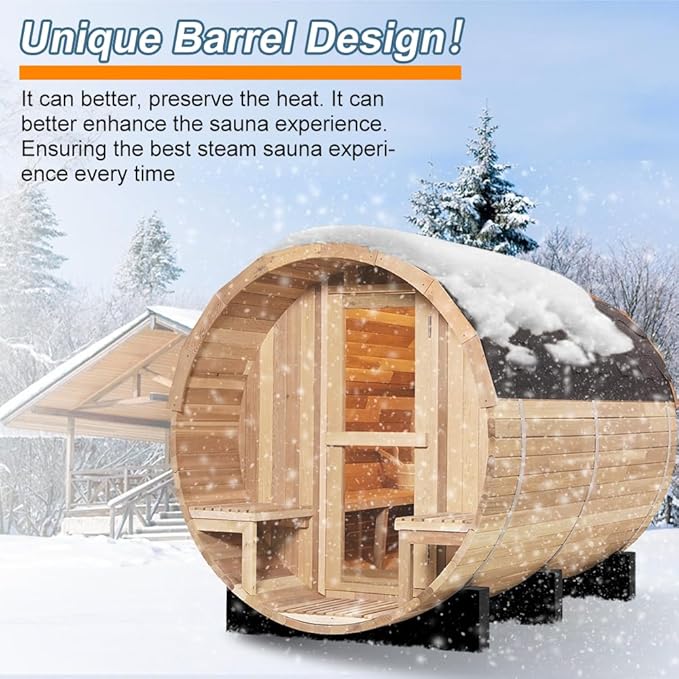 Outdoor Barrel Sauna, 6 Person Wood Steam Saunas Room with Porch, 6kw Toule Electric Heater with Sauna Stone, Canadian Helmock, Roof, 94.48”*70.86“*70.86“ (Helmock)