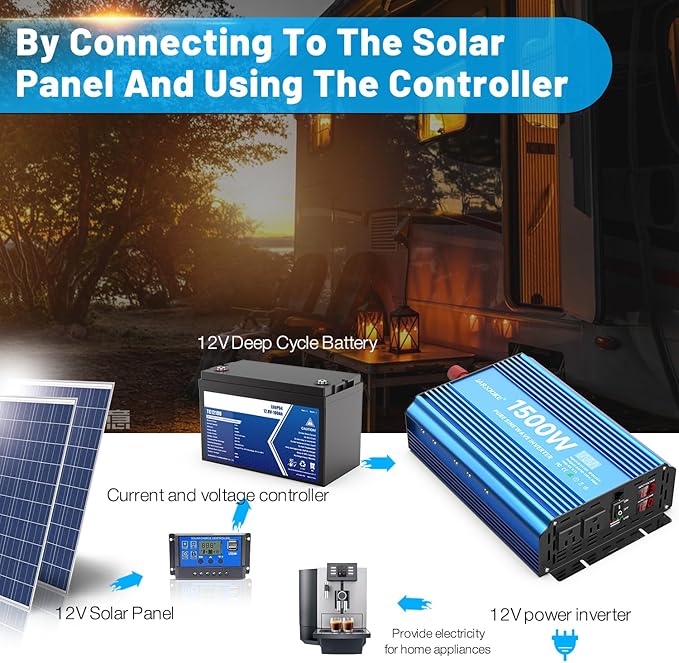 1500 Watt Pure Sine Wave Power Inverter, 12 Vdc to 110 Vdc to 120 Vdc, for Home, RV and Off-Grid Solar Systems, with 2 AC Outlets and USB Port, LCD Display, with Remote Control