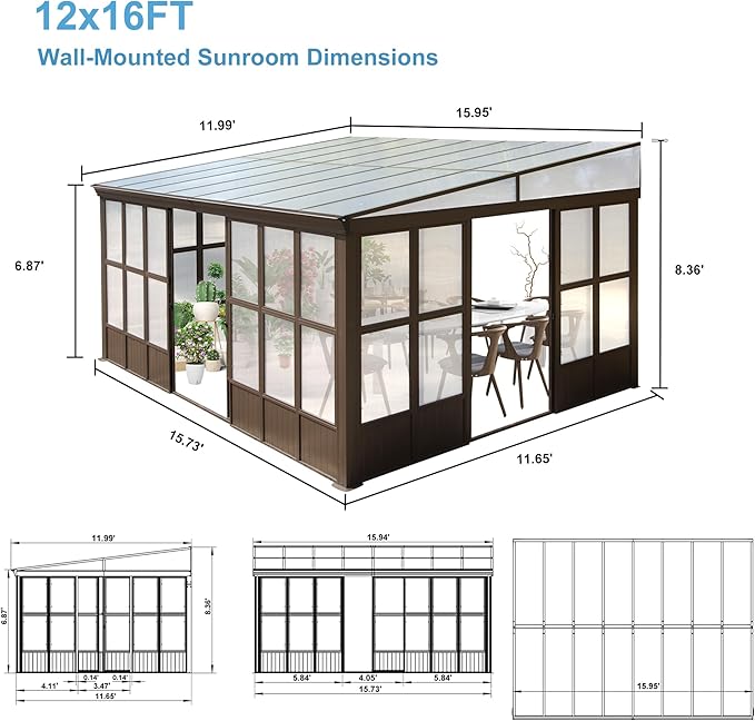 12x16FT Lean to Sunroom, Patio Wall Mounted Solarium All Weather Use, Against The Wall Enclosed Gazebo Small Guest House with Removable Polycarbonate Roof/Windows, 2 Lockable Sliding Doors