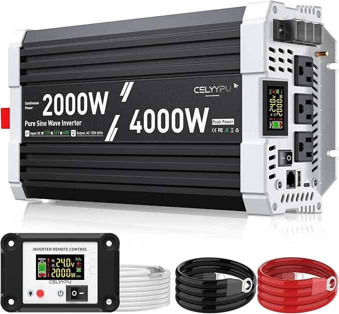 2000 watt Pure sine Wave Inverter, 24V DC to 110V AC Power Inverter, Used for Solar Emergency Power Supply in RV Homes, with 3 AC Output sockets, USB Port, Type-C Port, Remote Control with LCD Screen