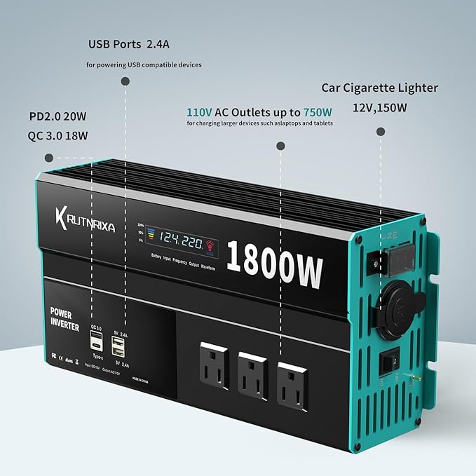 Power Inverters 12V DC to 110V AC Converter for Vehicles USB-C/PD 25W Fast Charging Ports Car Charger Adapter with a Cigarette Lighter Ports Plug Outlet (Modified sine wave-1800W)