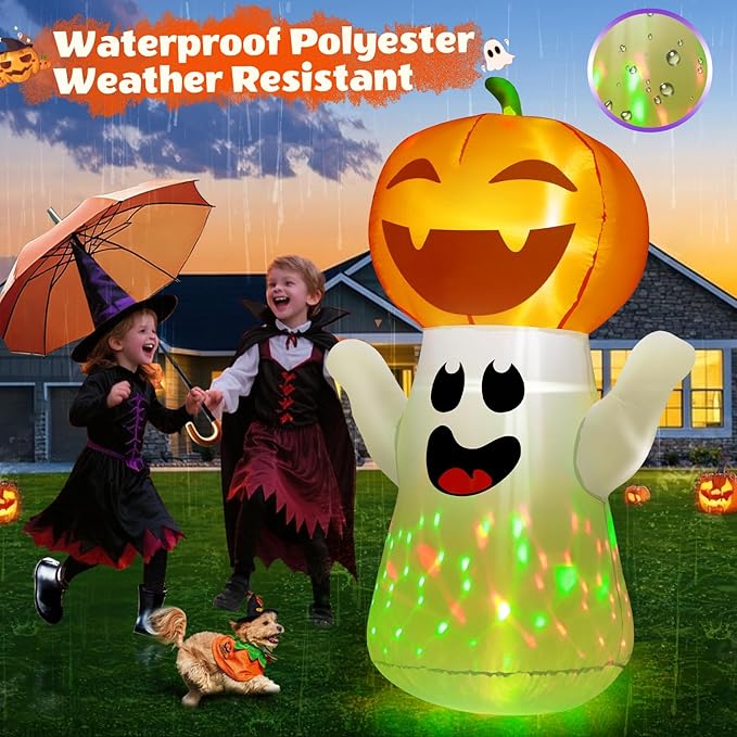 5FT Halloween Inflatables Pumpkin Ghost Built-in 3-Pattern Colorful Flashing Light, Cute Halloween Blow Up Yard Decorations for Indoor Outdoor Home/Holiday/Party/Yard/Lawn (1PCS)