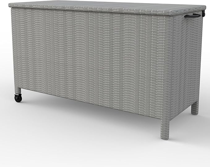 140 Gallon Outdoor Storage Deck Box, Large Rattan Storage Bin Wheel for Patio Cushions, Garden Tools and Pool Supplies, Waterproof, Grey