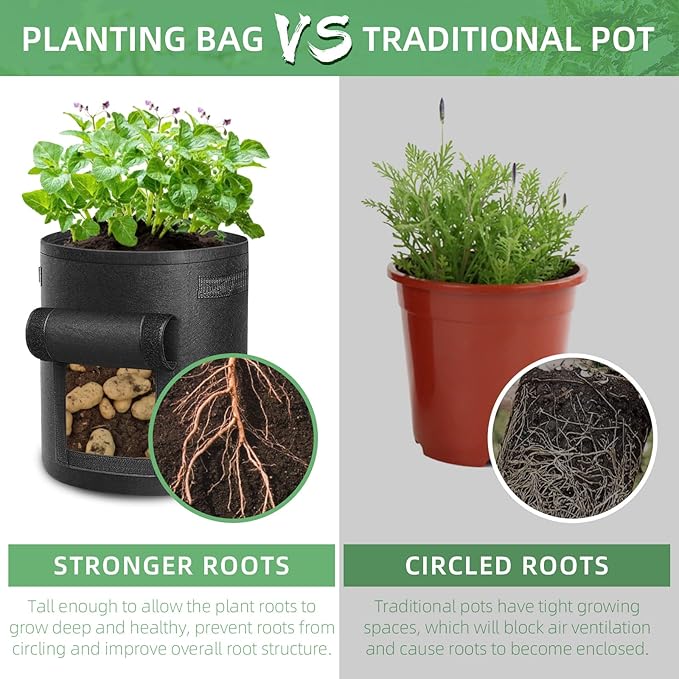 6 Pack 7 Gallon Potato Grow Bags, Heavy Duty Nonwoven Fabric Garden Planting Bag Plant Container with Flap and Handles, Aeration Fabric Pots for Growing Vegetable, Fruits and Flowers