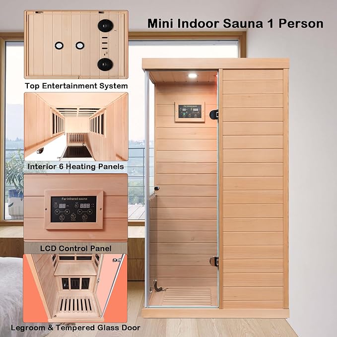 Hemlock Deluxe Mini Indoor Sauna 1 Person, Far Infrared Sauna at Home, Wooden Dry Sauna 1060w with 6 Far Infrared Heating Plate, Bluetooth Speaker, Red Light, Reading Light(Right Door)