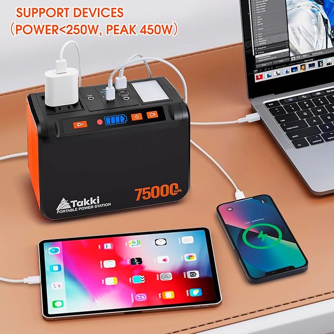 Takki Solar Generator 277Wh Portable Power Station with Solar Panels 40W Included 450W Peak 110V Pure Sine Wave AC Outlet DC USB Ports for Camping CPAP Emergency Tent Outdoor