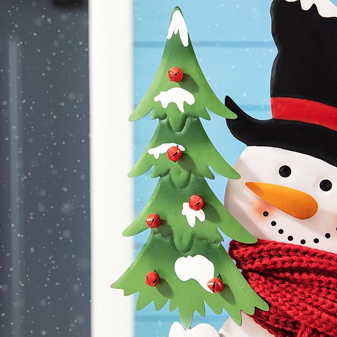 Glitzhome 32”H Metal Snowman Porch Décor Bike Wheel Cute Snowman with Red Scarf Hat Christmas Tree Garden Yard Porch Sign Indoor Outdoor Christmas Decorations
