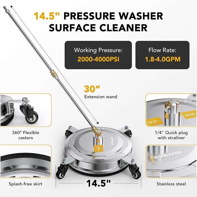 EVEAGE 14.5" Pressure Washer Surface Cleaner E006, Upgraded Stainless Steel Pressure Washer Accessories 4 Weels & 1/4" Quick Connector, 4,000 PSI Power Washer for Driveways Sidewalks Patios Cleaning
