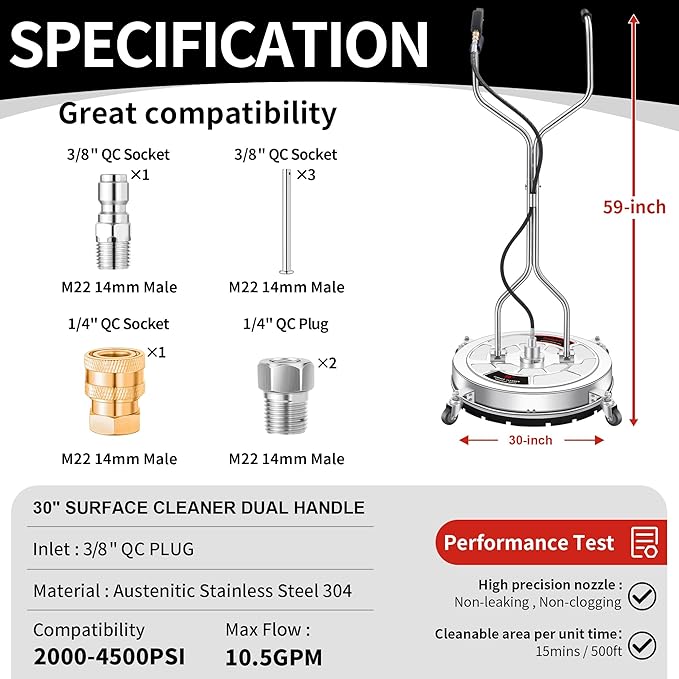 30" Pressure Washer Surface Cleaner with 4 Wheels - Stainless Steel Dual Handle Surface Cleaner for Pressure Washer Attachment for Concrete, Patio, Sidewalk, Deck and Driveways