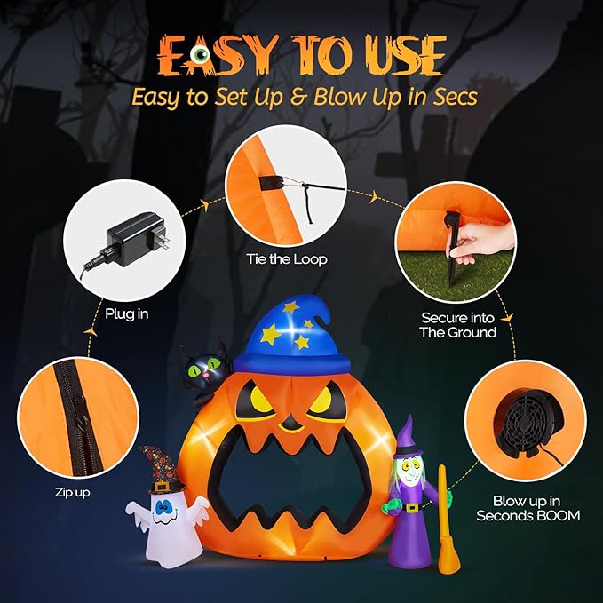 AW 6.9 FT Halloween Inflatables Outdoor Decoration,Blowup Yard Decorations,Giant Scary Pumpkin Jack-O-Lantern Open Mouth,Ghost Witch Cat,Build-in LED Lights Yard Lawn Party Arch 2025