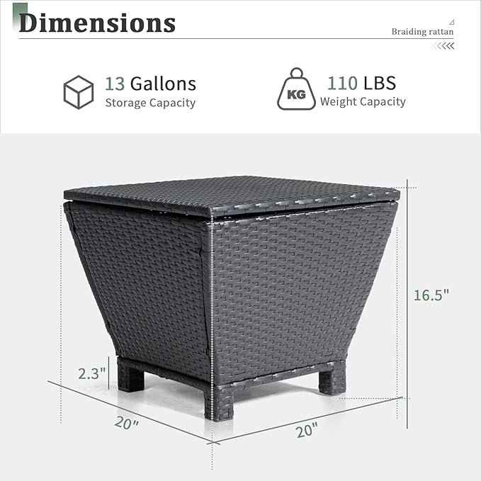 VINGLI 13 Gallon Outdoor Deck Box, Wicker Outdoor Storage Box with Lid, Small Storage Bin Container for Outside and Patio, Patio Rattan Side Table for Yard Porch (Black, Trapezoidal)