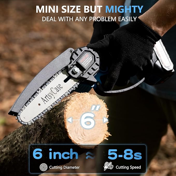 ArtsyCase Mini Chainsaw 6-inch Cordless, Portable chainsaws, Small Handheld Chain Saw for Tree Trimmer, Wood and Bamboo Cutting, Chain saws Gifts for Husband, Dad(2 Batteries+ 2 Chains+ 2 Bars)