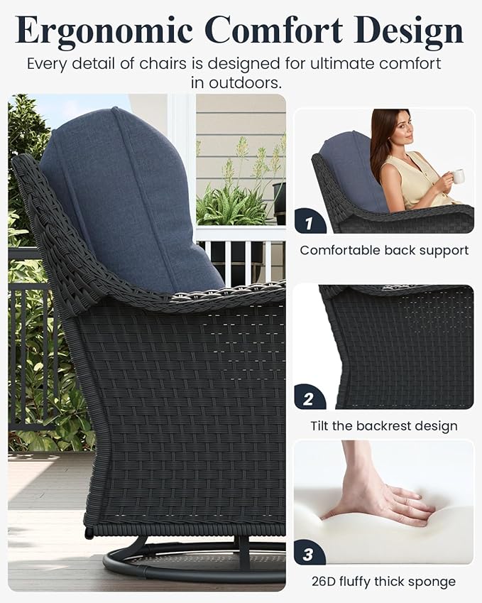LayinSun 3 Piece Wicker Outdoor Furniture Set with 6-inch Comfy Cushions, High Back Patio Furniture Set with Swivel Rocking Chairs and Side Table