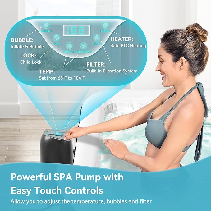 Blow Up Inflatable Hot Tub, 4-6 Person Large Square Portable Hot Tub, Leak-Proof PVC Outdoor Spa with 130 Air Jets, Heater Pump and Insulated Cover, 73” X 73”X 25”