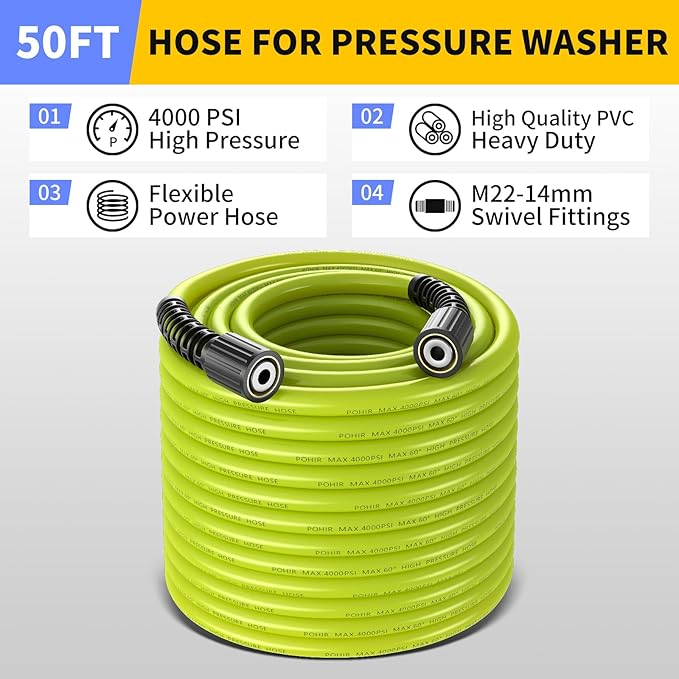 POHIR Pressure Washer Gun with Foam Cannon & 50ft Power Washer Hose, 3600PSI Pressure Washing Kit with 15" Extension Wand & 7 Nozzle Tips, 3/8'' Quick Connector & M22 15mm/14mm Fittings