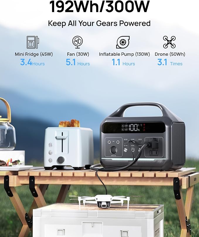 DaranEner Portable Power Station 300W (600W Surge), 192Wh Solar Generator LiFeP04 Battery with 2 AC Outlets, 60W PD Fast Charging Power Bank for Home Use, Outdoors Camping, Emergency, RVs, Outage