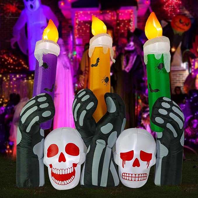 Halloween Inflatable Decoration Skull Candles 6 FT Halloween Inflatables Outdoor Blow up Outdoor Halloween Inflatables Decorations with LED Light Built-in for Holiday Party Yard Decor