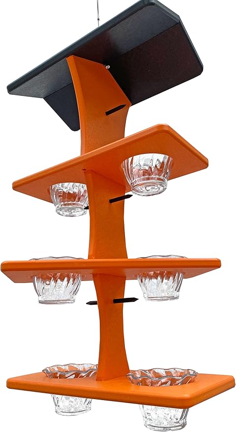 DutchCrafters Plastic Poly Double Platform Hanging Oriole Bird Feeder with Fruit Slice Holders & Nectar Cups, Jelly Bird Feeders for Outside - Amish Made in USA (Triple, Black & Bright Orange)