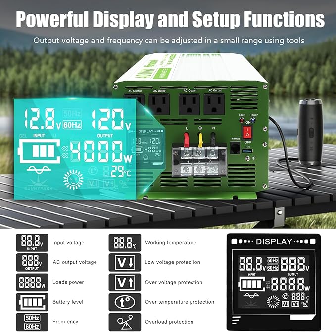 Newdeli 4000 Watt Power Inverter 12V DC to 110V 120V AC Pure Sine Wave Inverter with LCD Display, Remote Controller, 4 AC Outlets and 5V 3.4A USB Port for Vehicles Car Truck RV Solar System Home