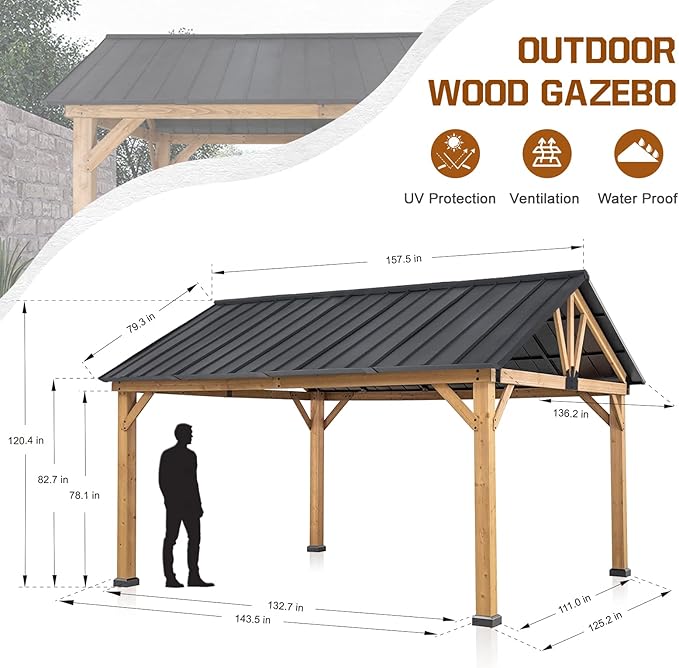 COOS BAY 11x13 Hardtop Gazebo with Cedar Wood Frame, Galvanized Steel Gable Roof Outdoor Pavilion for Garden, Lawn, Poolside, Patio, Deck, Natural Wood/Black