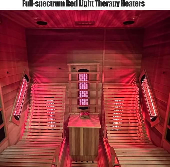 Smartmak Full Spectrum Infrared 2 Person Sauna Room, Red Light Therapy Luxury Wood Home Sauna with Recliner, Canadian Red Cedar Indoor Dry Saunas Spa, 3400W with 10 Heaters, Speaker, Light, Oxygen Bar
