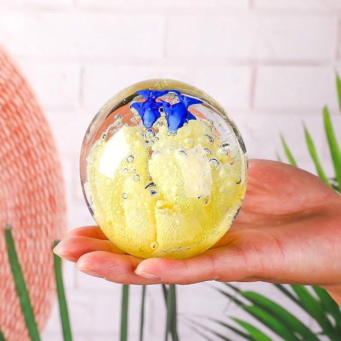 Decorative Crystal Ball Figurines Coral Fish Paperweight Blown Glass Decor Sea Art Ocean Lovers Gift Yellow 3.15"