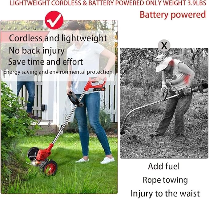 Electric Weed Wacker 21V Electric Weed Cordless Eater with 2pcs Batteries and 3 Types Blades&Auxiliary Wheel Weed Trimmer Lightweight 3 in 1 Stringless Grass Trimmer Edger/Brush Cutter for Lawn