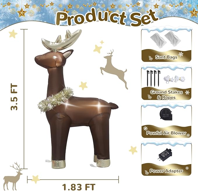 3.5 Feet Inflatable Deer Outdoor Decorations with LED Lights, Blow up Christmas Reindeer for Indoor Outdoor Decorations, Cute Shape with Gold Collar, Easter Inflatable Reindeer Decoration