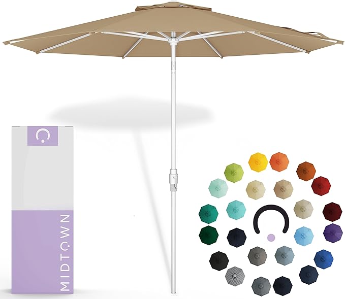 Midtown Umbrellas The Swilt 9 Feet Patio Umbrella in Sunbrella Heather Tan Acrylic Fabric - Fiberglass Ribs, Auto-Tilt Aluminum Frame For Backyard, Deck, Garden, Pool - White Pole