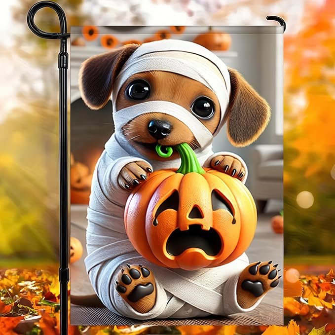 Garden Flags - 12x18 Inch Double Sided Trick or Treat Dachshund Halloween Dog Skeleton Decorations for Outside