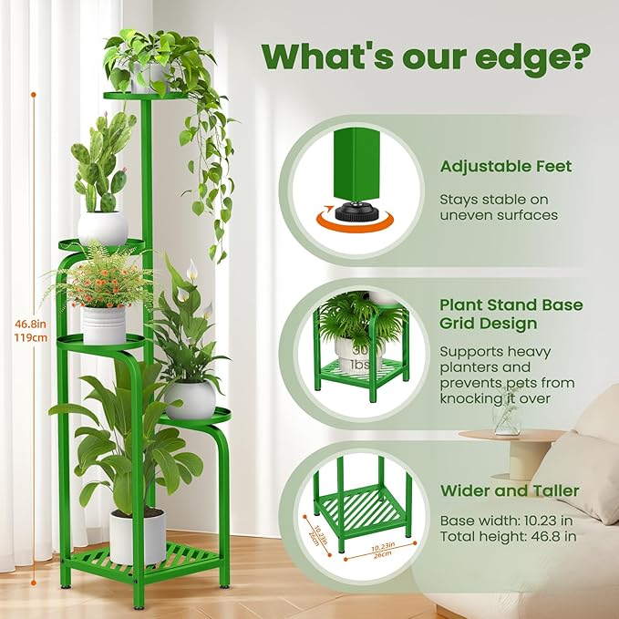 TOSKING 5 Tier Tall Plant Stand Indoor Outdoor, Heavy Duty Corner Shelf for Plants & Decor, Space Saving 3.9FT Metal Flower Pot Stand for Balcony, Garden, Living Room, Patio (Green, 47in)