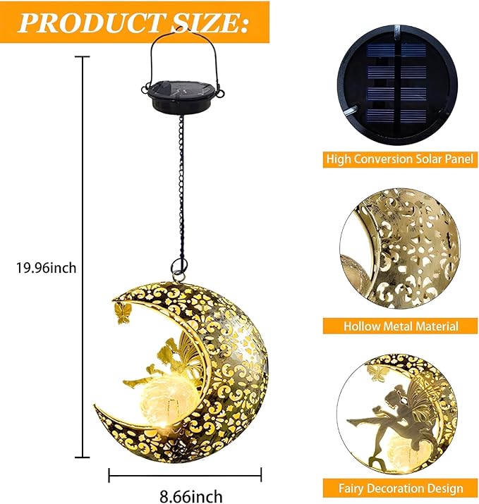 Solar Garden Fairy Statues Decor Hanging Lights,Outdoor Moon Decorations Metal Yard Art,Housewarming for Patio,Wall,Fences,Trail,Great Gift Idea for Gardening Mom and Grandma