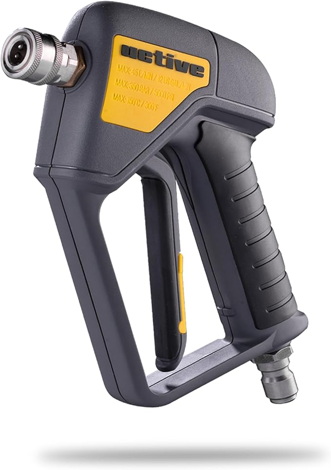 Active Swivel Pressure Washer Gun with an inbuilt 3/8” inlet male swivel plug for pressure washer hose and 1/4” female quick connect for nozzles, wands & foam cannon for home car wash and detailing.