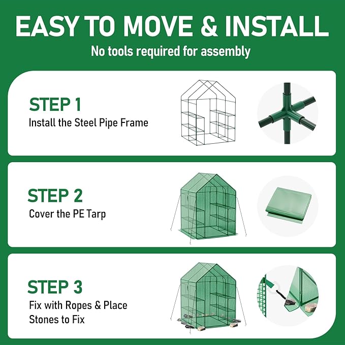 SPECILITE 56×56×78Inch Walk-in Greenhouse, Heavy Duty Small Plant House with Thicken PE Cover and Steel Frame, for Garden, Outdoors, Indoors, Green