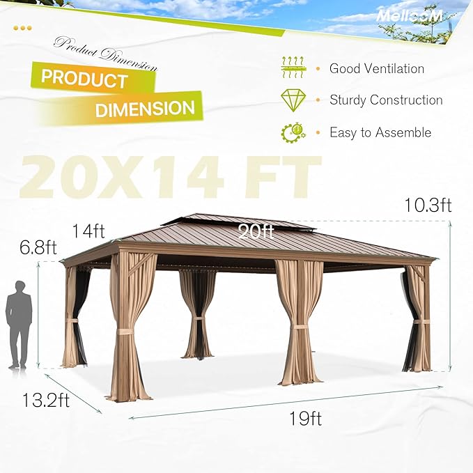 MELLCOM 14'x20' Gazebo, Galvanized Steel Double Roof with Wood Grain Aluminum Frame, Outdoor Permanent Metal Pavilion with Curtains and Nettings for Patio, Backyard and Deck