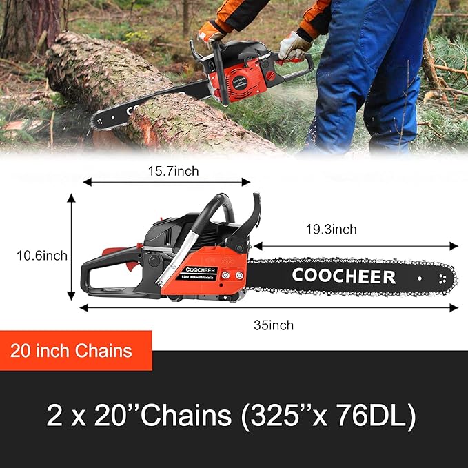 COOCHEER 62cc Gas Chainsaw 20 Inch Gas Powered Chainsaws with Non-Slip Handle, 2-Cycle Engine Handheld Gasoline Chain Saw for Wood Cutting, Tree Trimming, 2 Chains Included