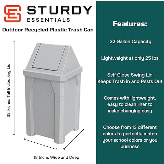32 Gallon Square 100% Recycled Plastic Heavy Duty Outdoor Commercial Trash Can with Swing Top Lid | Great for Schools and Businesses - Light Granite