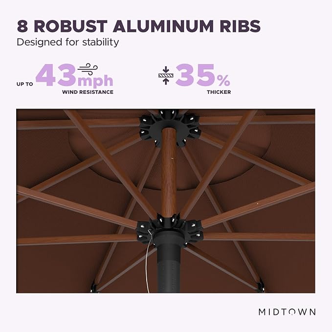 Midtown Umbrellas The Wooden 8 Feet Patio Umbrella With Sunbrella Bay Brown Acrylic Fabric - Aluminum Frame Market Umbrella For Backyard, Deck, Garden, Pool - Wooden Pole