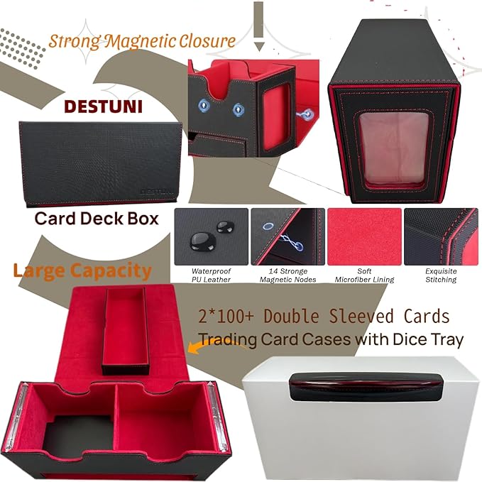 Card Deck Box for mtg – Fits 100+ Double-Sleeved Cards, Dual Commander Display with Dice Tray, PU Leather Organizer for TCG, CCG, Sports Cards (Black&Red)